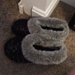 Furry black and gray slippers